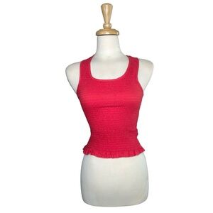 JAPNA Tank Top Red Smocked Racerback Fitted Frill Edge Scoop Neck Medium